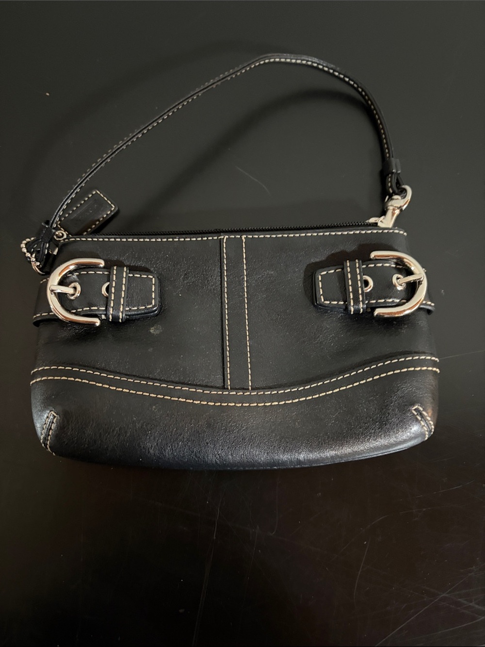 Coach Black Leather Wristlet with Silver Buckle Accents